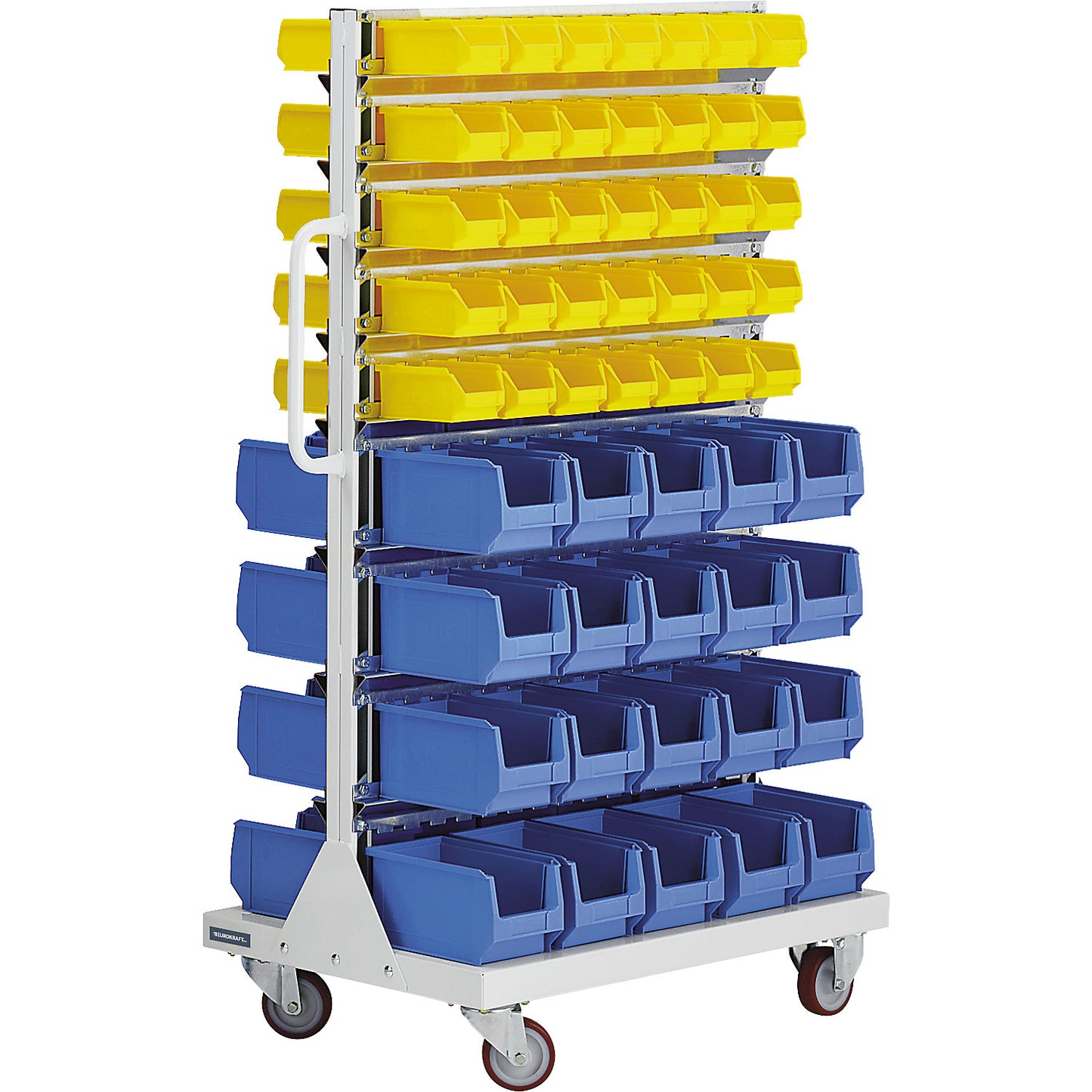 Mobile rack with open fronted storage bins, double sided, HxWxD 1450 x 855 x 540 mm, with 110 bins.