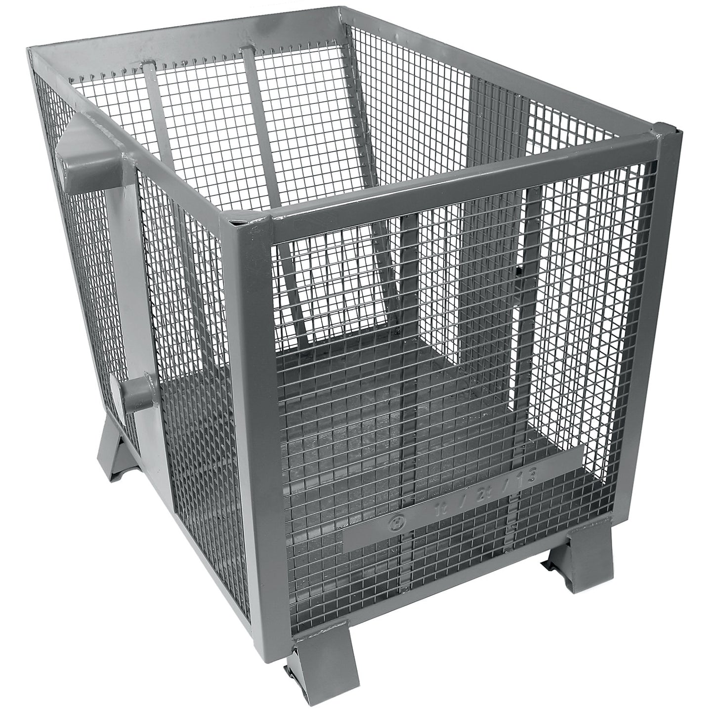 Mesh tilting skip, 4-way stackable, capacity 0.6 m³, grey.
