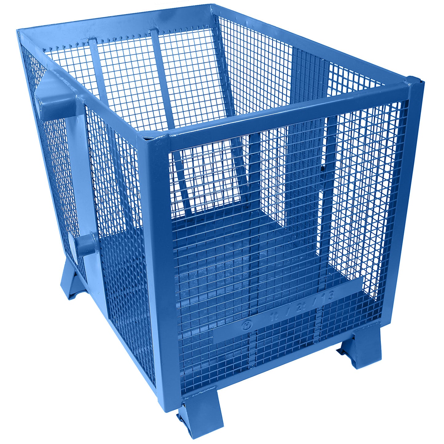 Mesh tilting skip, 4-way stackable, capacity 0.75 m³, blue.