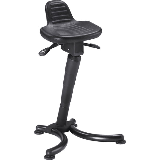 Anti-fatigue stool, flat seat with back support, gas lift height adjustment.