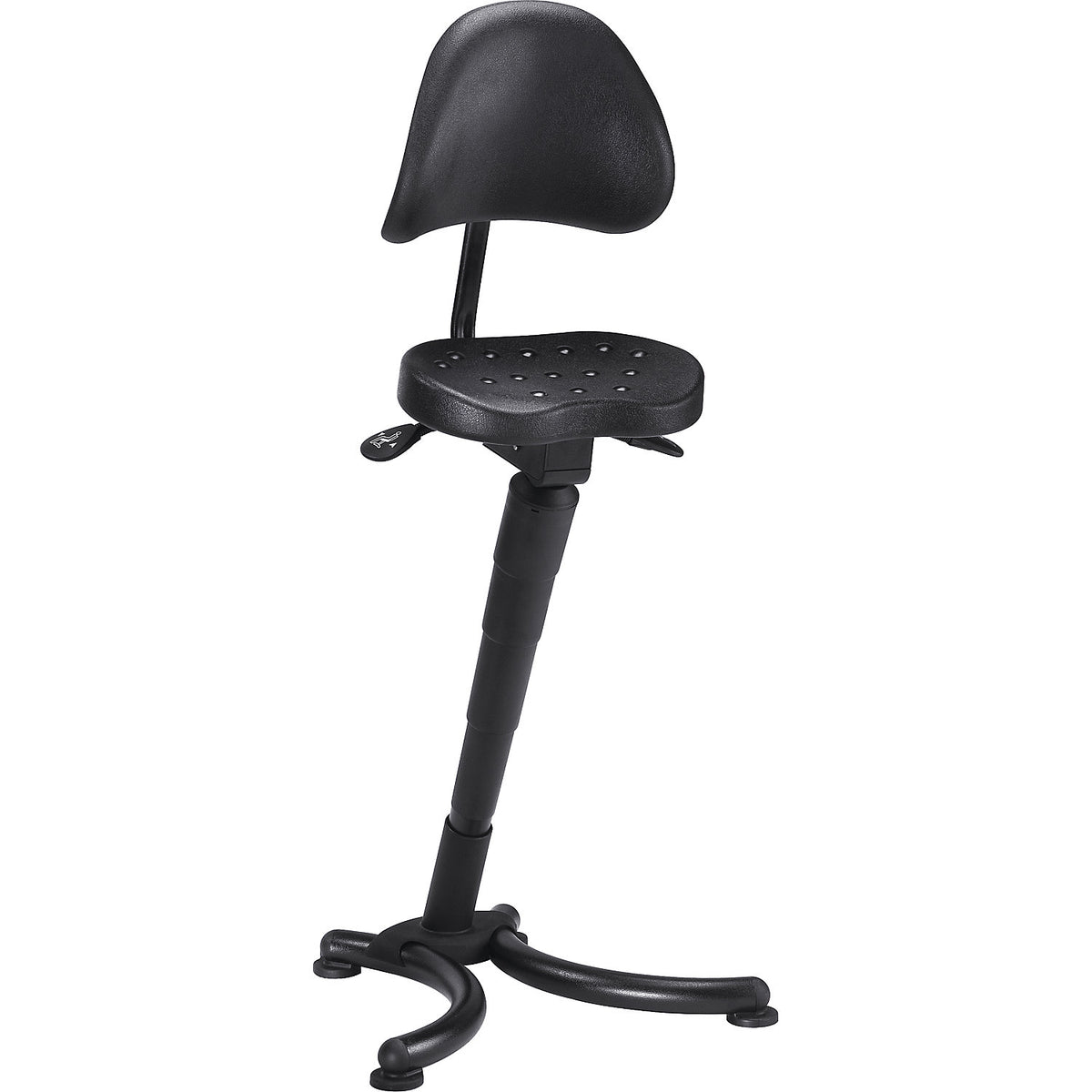 Anti-fatigue stool, flat seat with pendular mounted back rest, gas lift height adjustment.