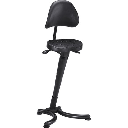 Anti-fatigue stool, flat seat with pendular mounted back rest, gas lift height adjustment.