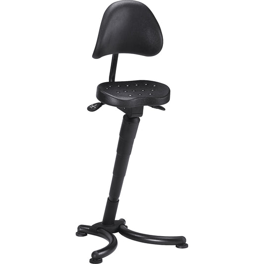 Anti-fatigue stool, flat seat with pendular mounted back rest, gas lift height adjustment.