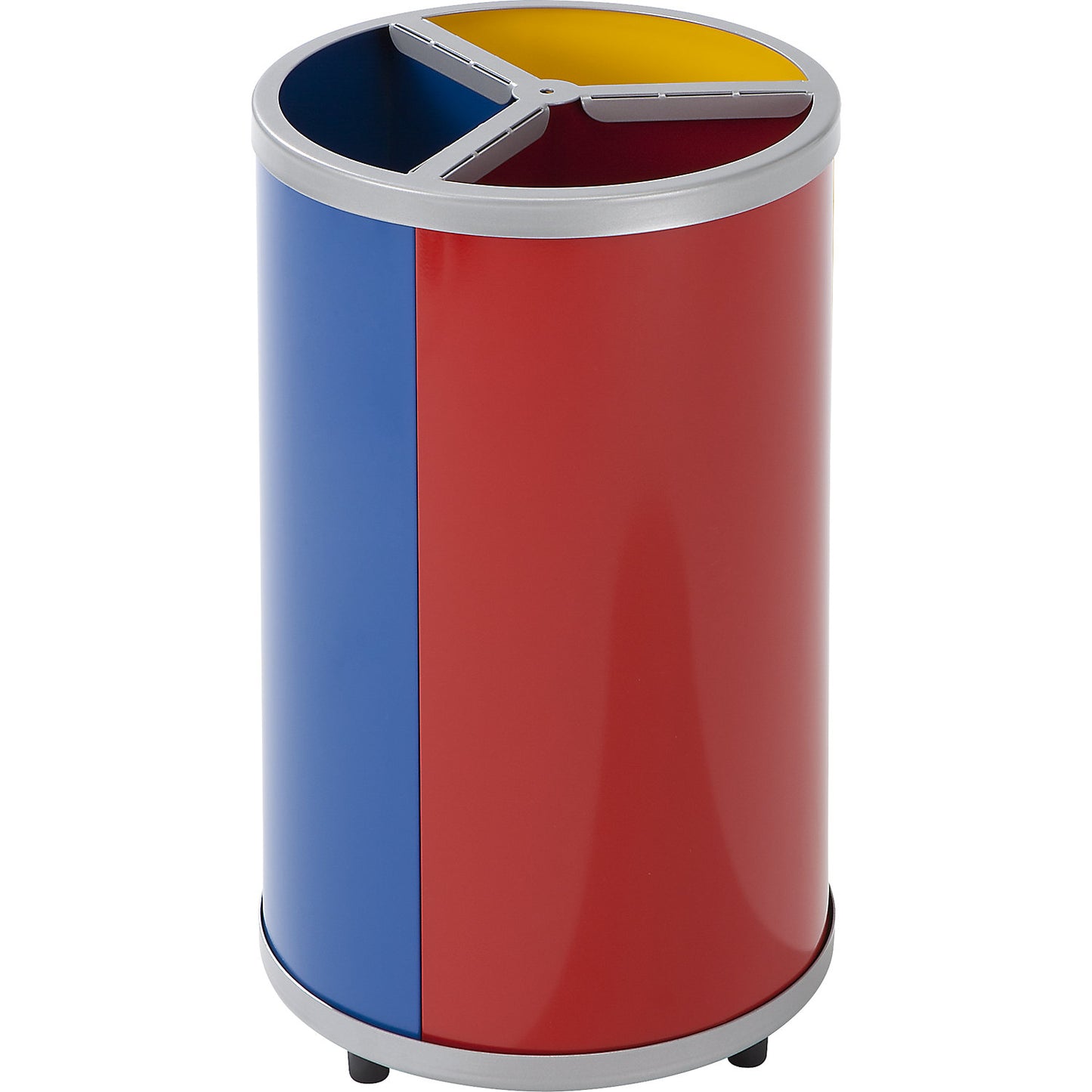 Recyclable waste collector, round, capacity 3 x 30 l, HxØ 720 x 420 mm, yellow, blue, red.