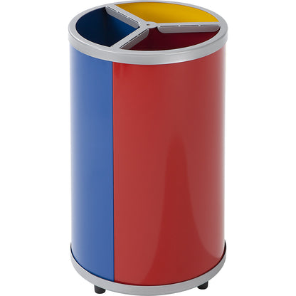 Recyclable waste collector, round, capacity 3 x 30 l, HxØ 720 x 420 mm, yellow, blue, red.