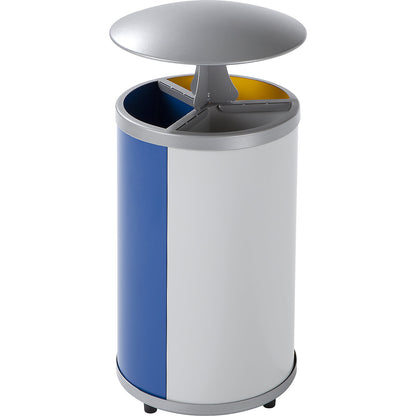 Recyclable waste collector, round, capacity 3 x 30 l, HxØ 950 x 420 mm, with hood, yellow, blue, grey.