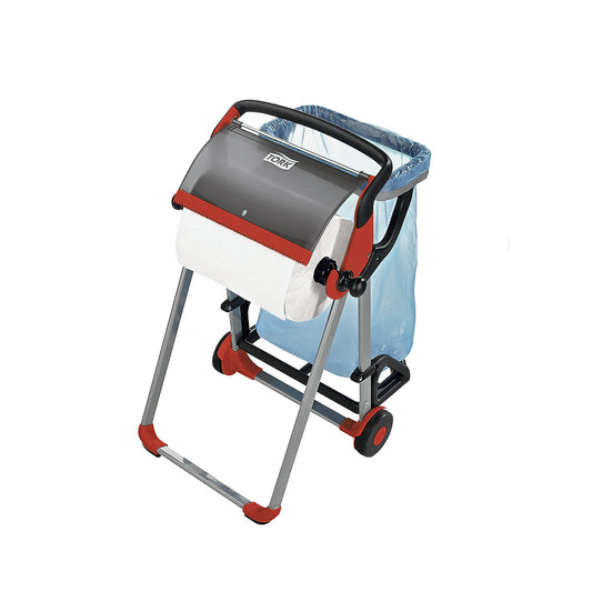 Roll dispenser, mobile, with waste sack holder, black / red.