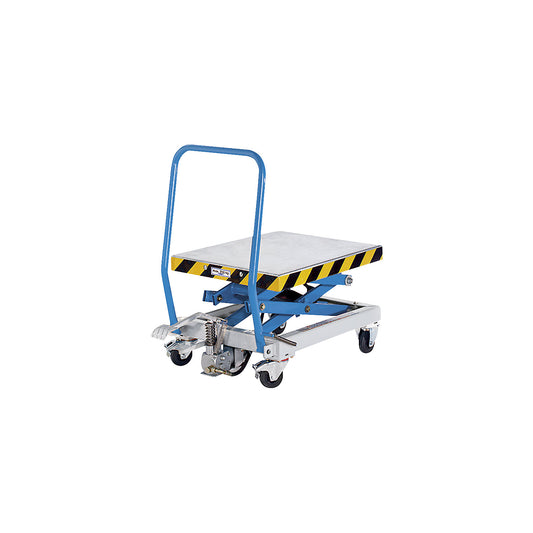 Double scissor lifting platform truck, max. load 250 kg, lifting range 400 - 1155 mm, solid rubber tyres.