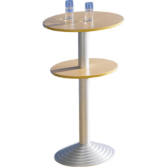 Canteen table with cast iron base, 2 tabletops, spacing 30 cm, beech finish, aluminium coloured column.