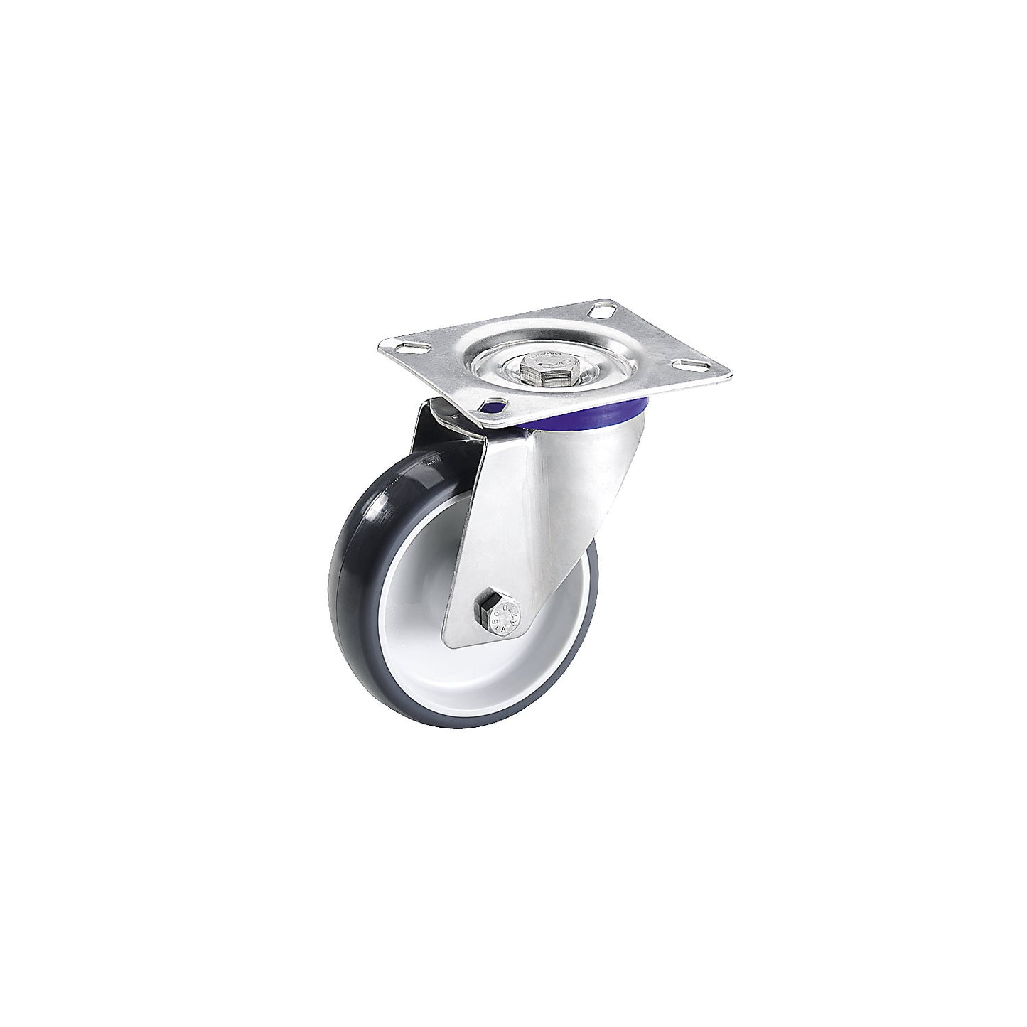 Polyurethane tyres, stainless steel housing, wheel Ø x width 125 x 32 mm, swivel castor.