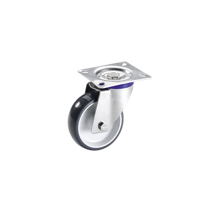 Polyurethane tyres, stainless steel housing, wheel Ø x width 125 x 32 mm, swivel castor.
