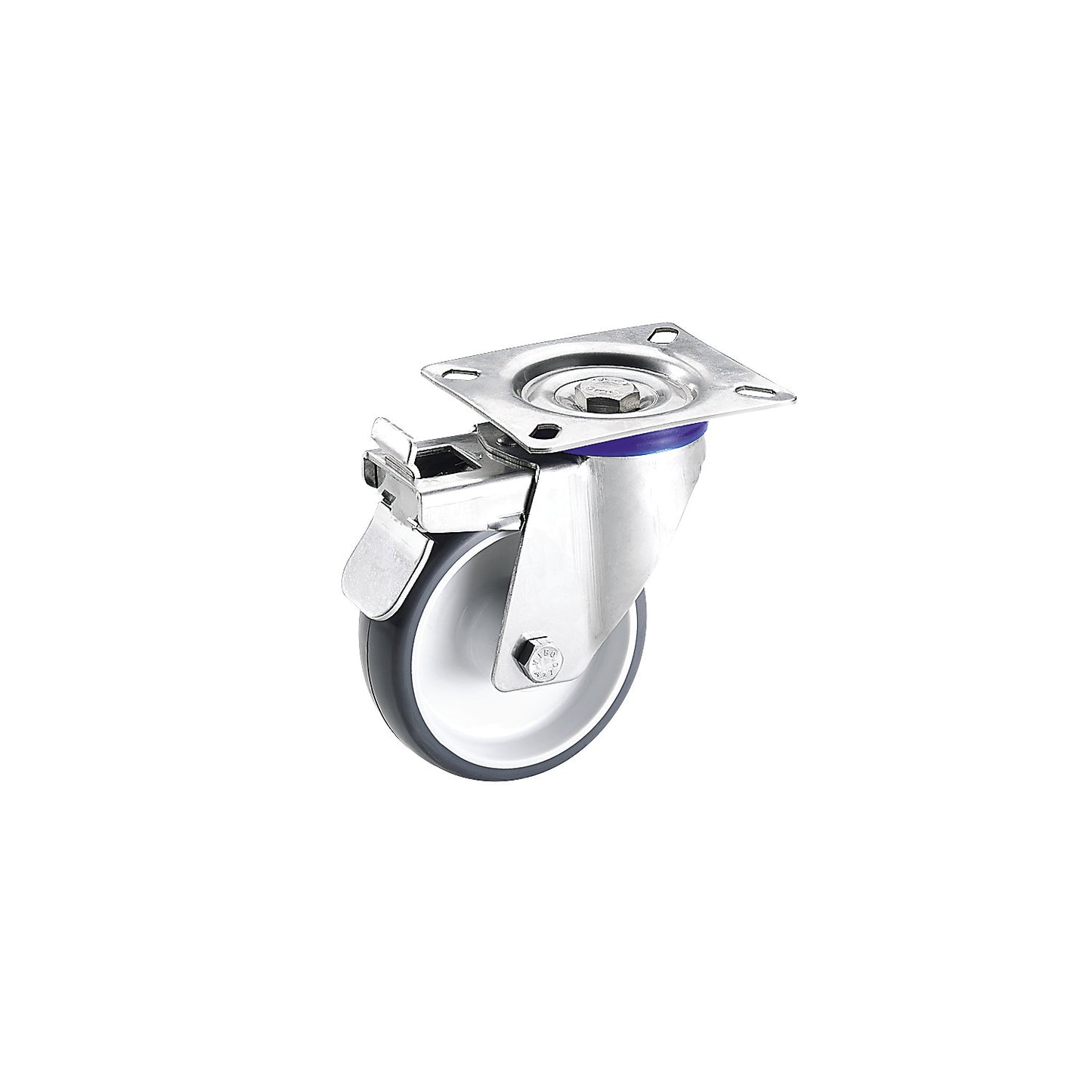 Polyurethane tyres, stainless steel housing, wheel Ø x width 160 x 38 mm, swivel castor with double stop.