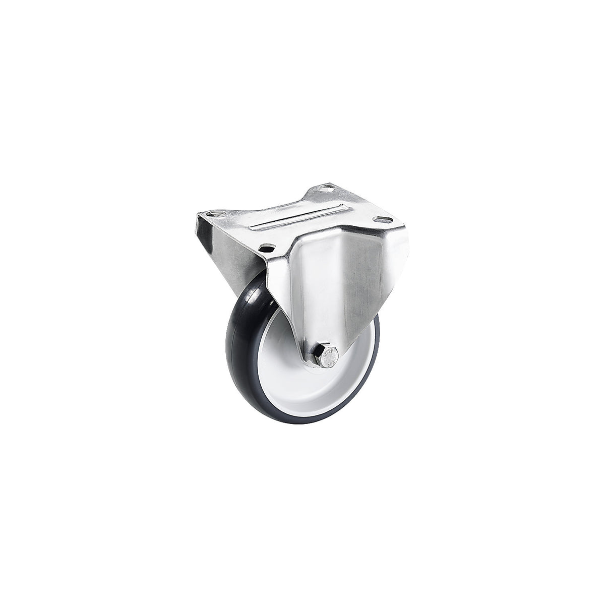 Polyurethane tyres, stainless steel housing, wheel Ø x width 100 x 30 mm, fixed castor.