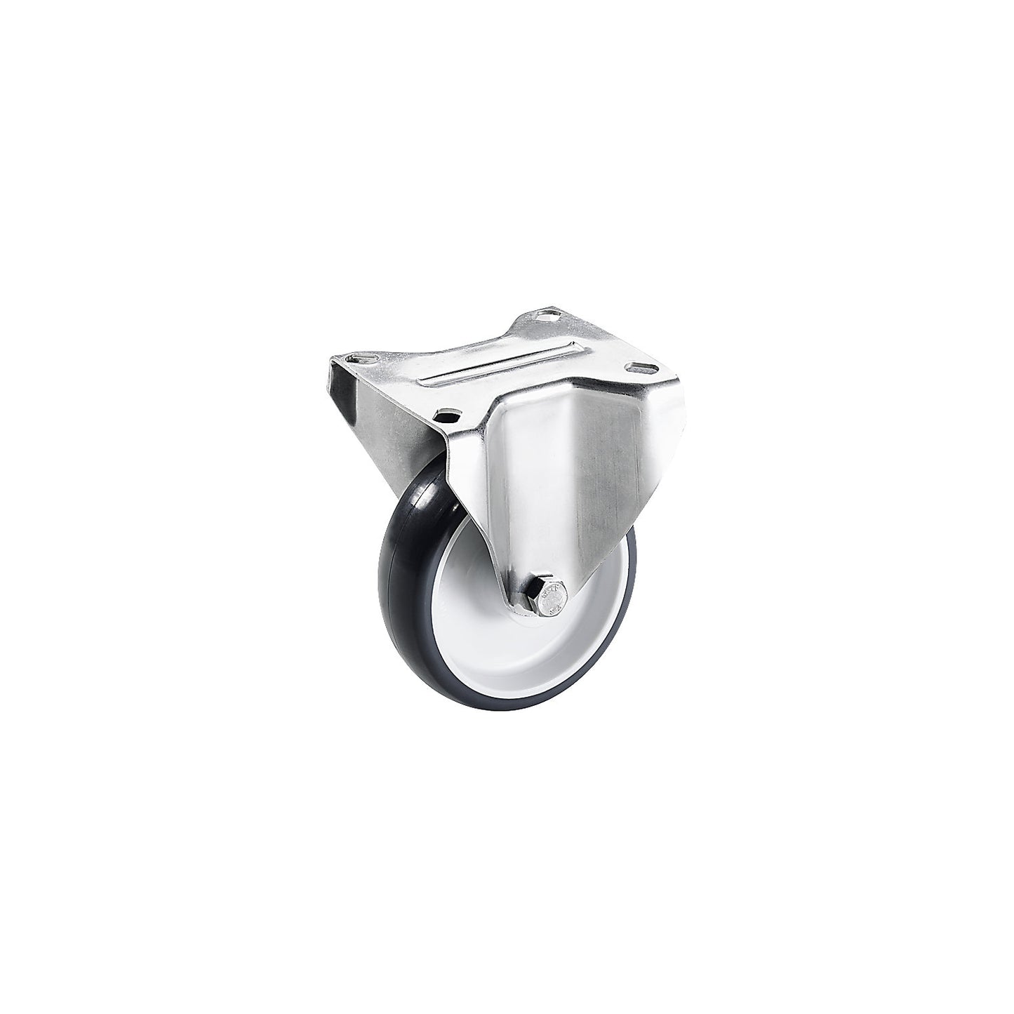 Polyurethane tyres, stainless steel housing, wheel Ø x width 160 x 38 mm, fixed castor.