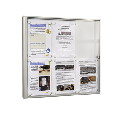 Display case for indoor use, metal rear panel, 6 x A4 sheets, HxW 655 x 711 mm.