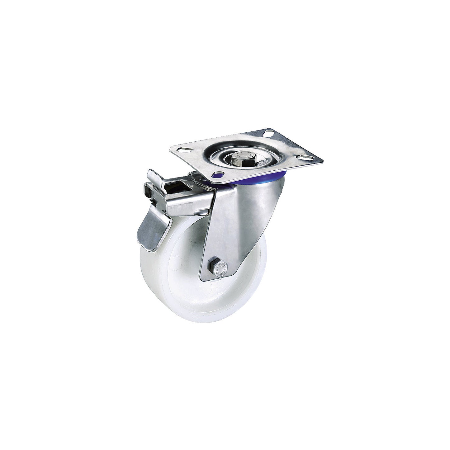 Nylon wheel, stainless steel housing, wheel Ø x width 80 x 30 mm, swivel castor with double stop.