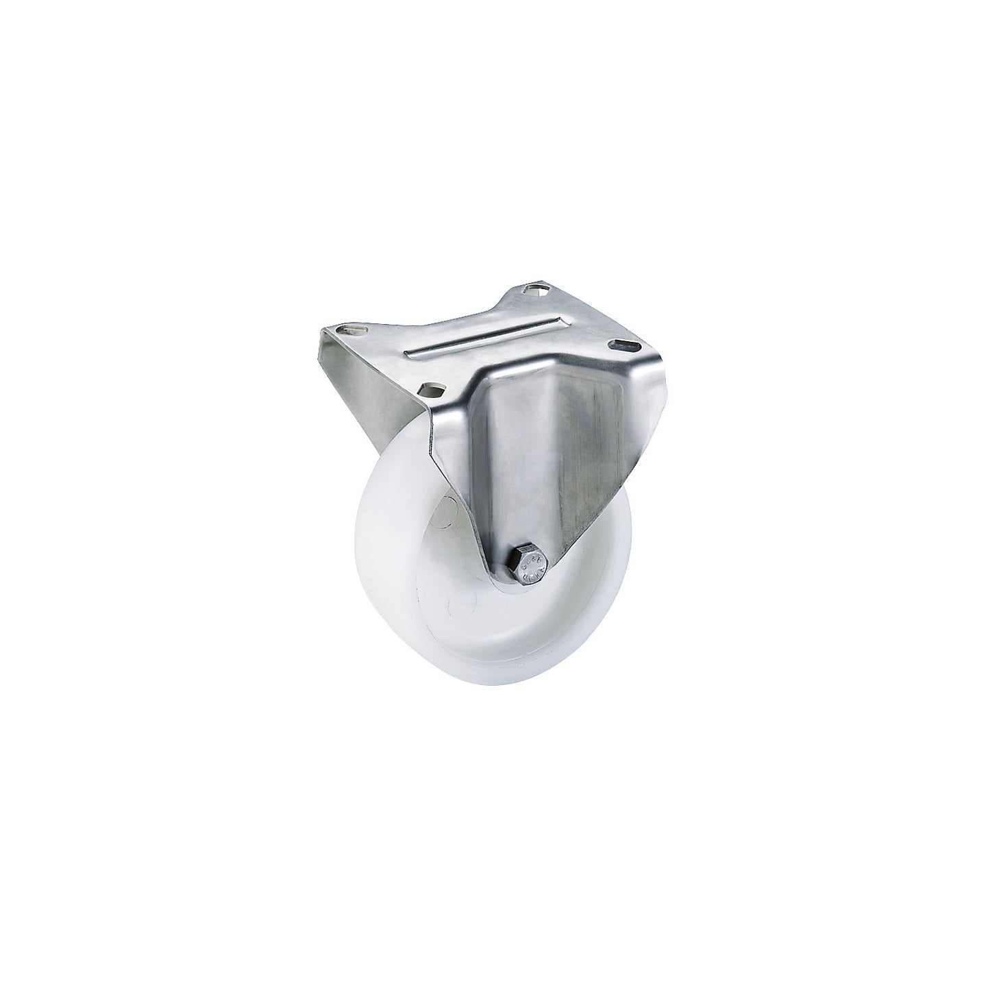 Nylon wheel, stainless steel housing, wheel Ø x width 80 x 30 mm, fixed castor.