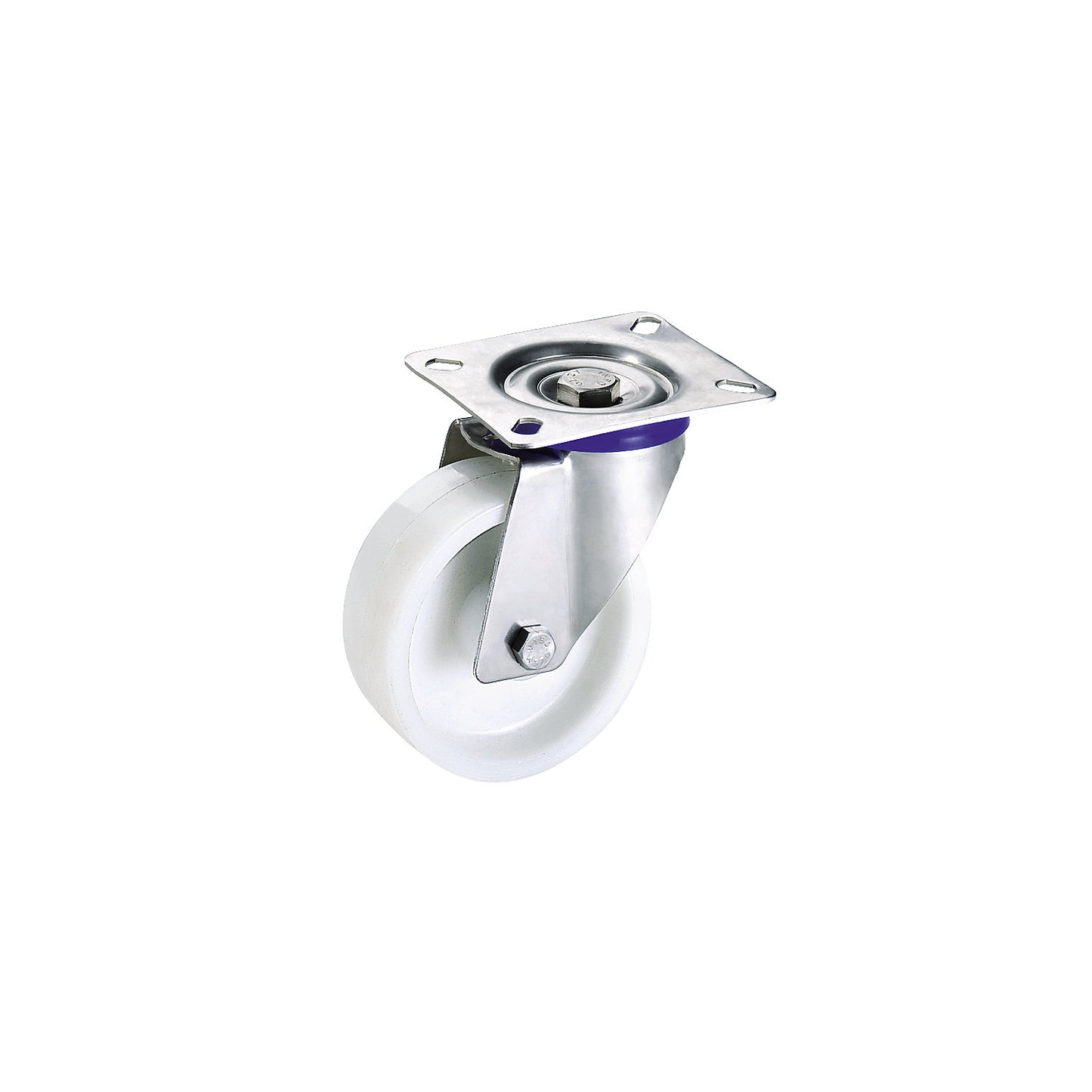 Nylon wheel, stainless steel housing, wheel Ø x width 160 x 40 mm, swivel castor.