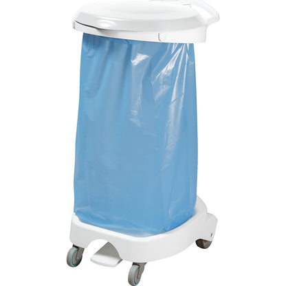 Pedal operated waste sack stand with castors, with 2 fixed castors, 2 swivel castors, white.