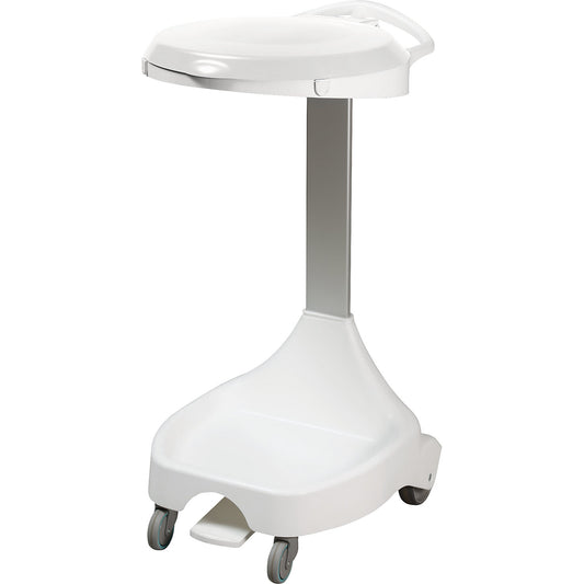 Pedal operated waste sack stand with castors, with 2 fixed castors, 2 swivel castors, white.
