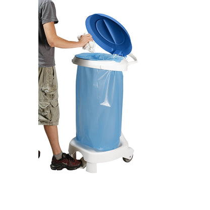 Pedal operated waste sack stand with castors, with 2 fixed castors, 2 support feet, blue.