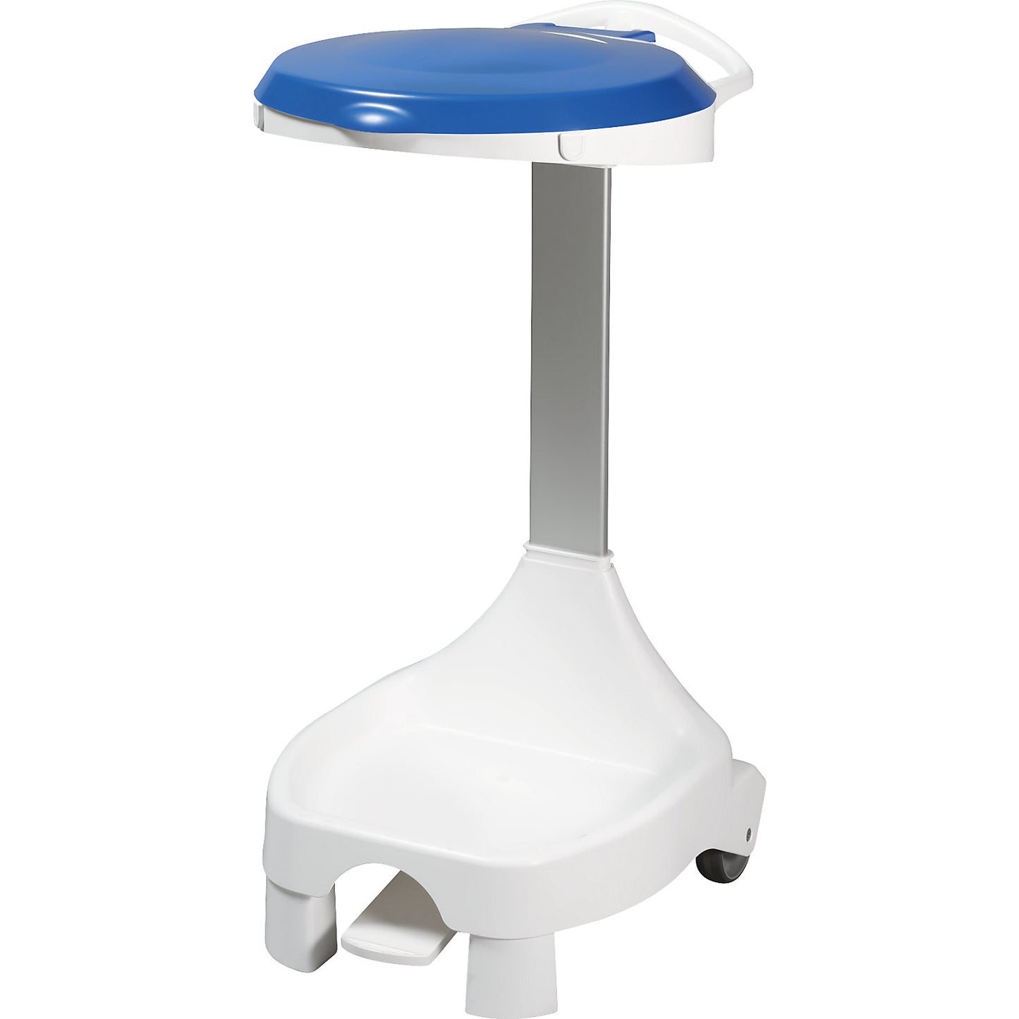 Pedal operated waste sack stand with castors, with 2 fixed castors, 2 support feet, blue.