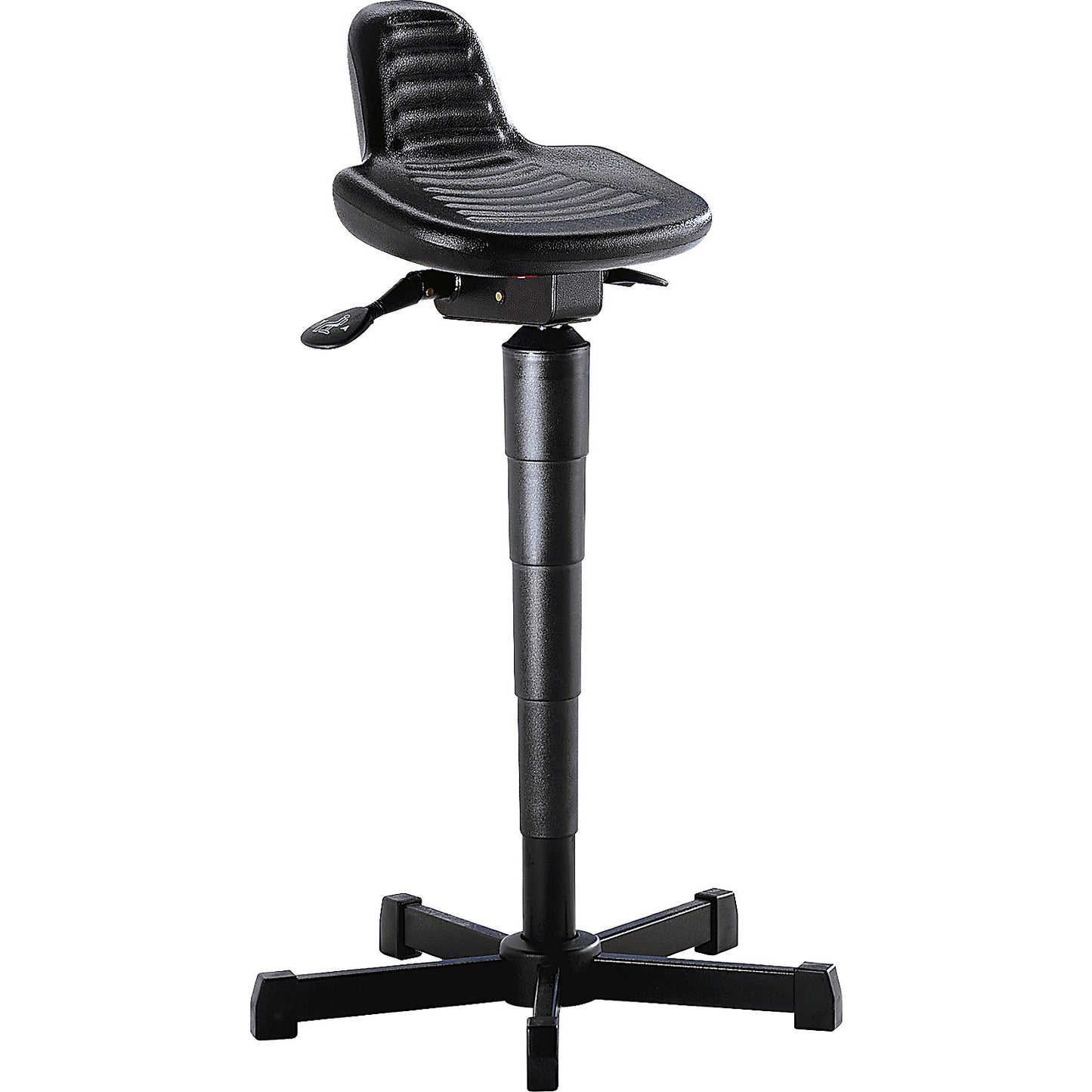 Anti-fatigue stool, with back support, height adjustment range 610 - 895 mm.