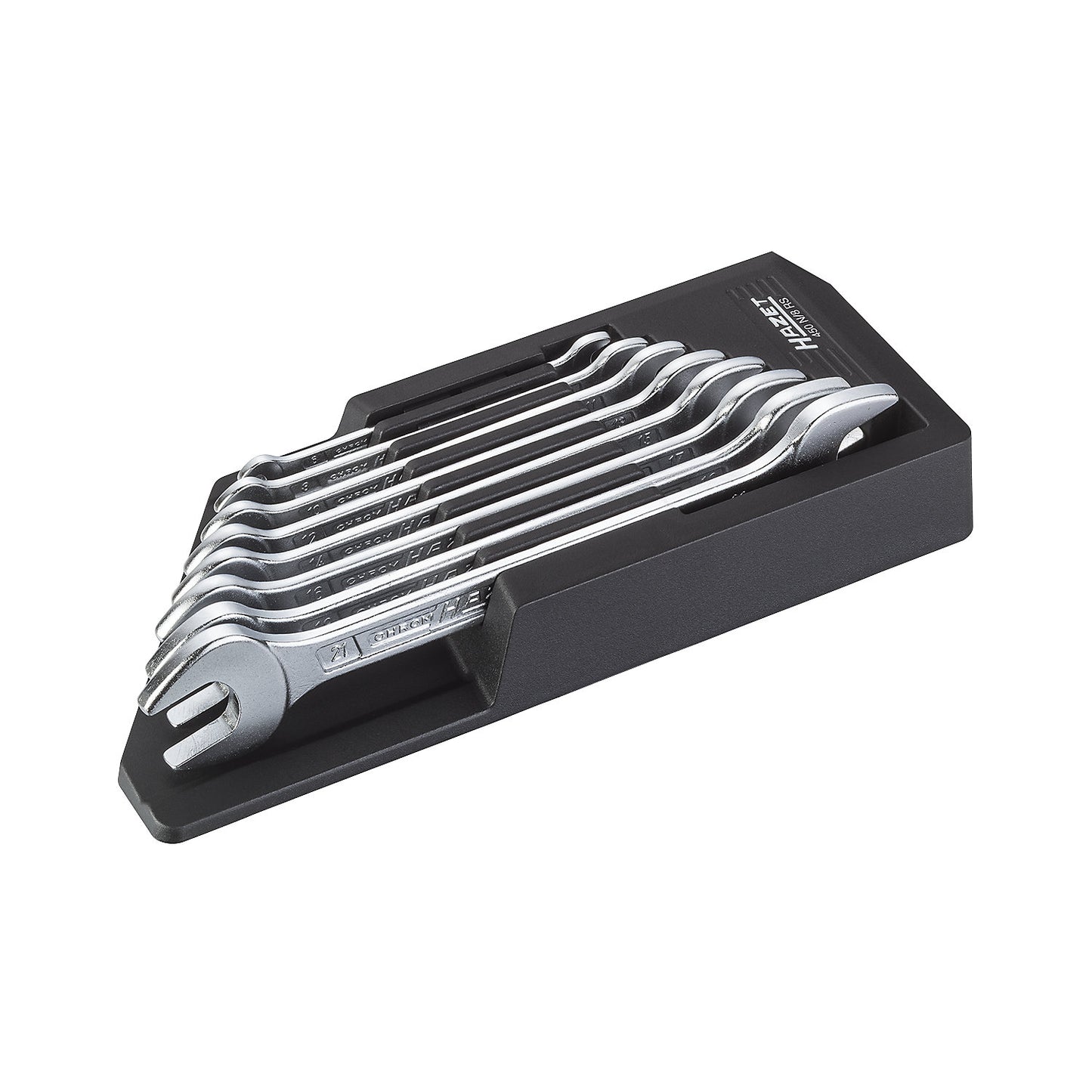 Double open ended spanner set, 8 pieces, with wall mounting.