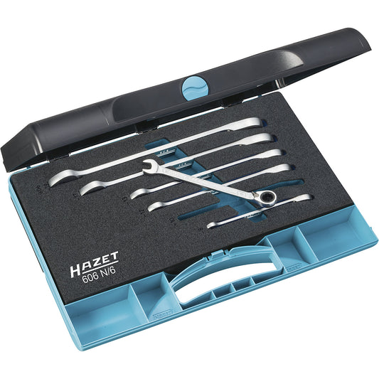 Ratchet combination spanner set, 6 pieces, in a smart case.
