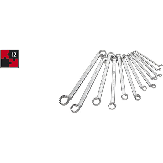 Double ring spanner set, 12 pieces, chrome plated, polished, DIN838.