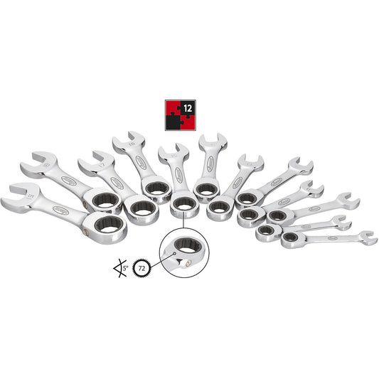 Ratchet ring spanner set, short design, 12-piece, with roll-up case.