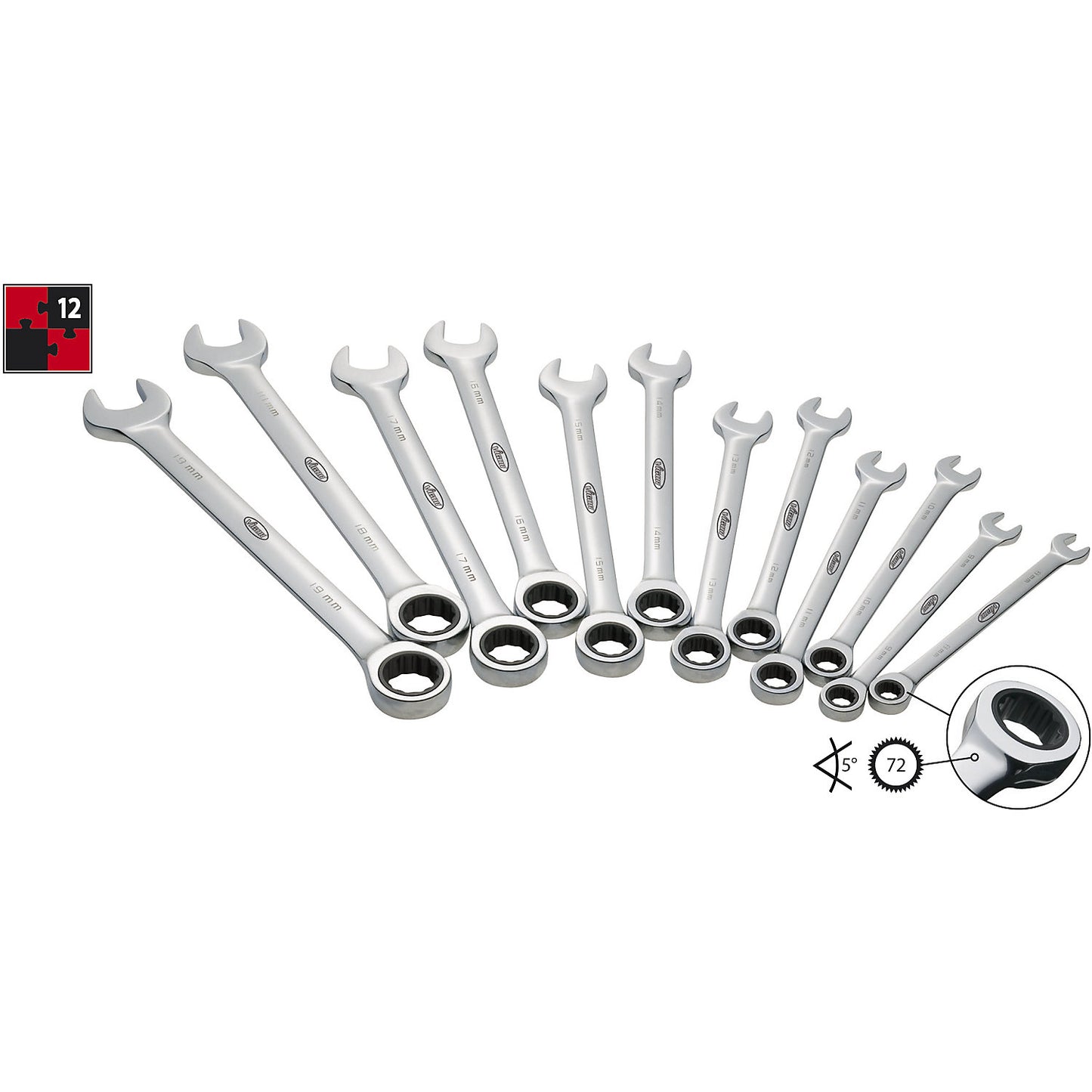 Ratchet ring spanner set, long design, 12-piece, with roll-up case.