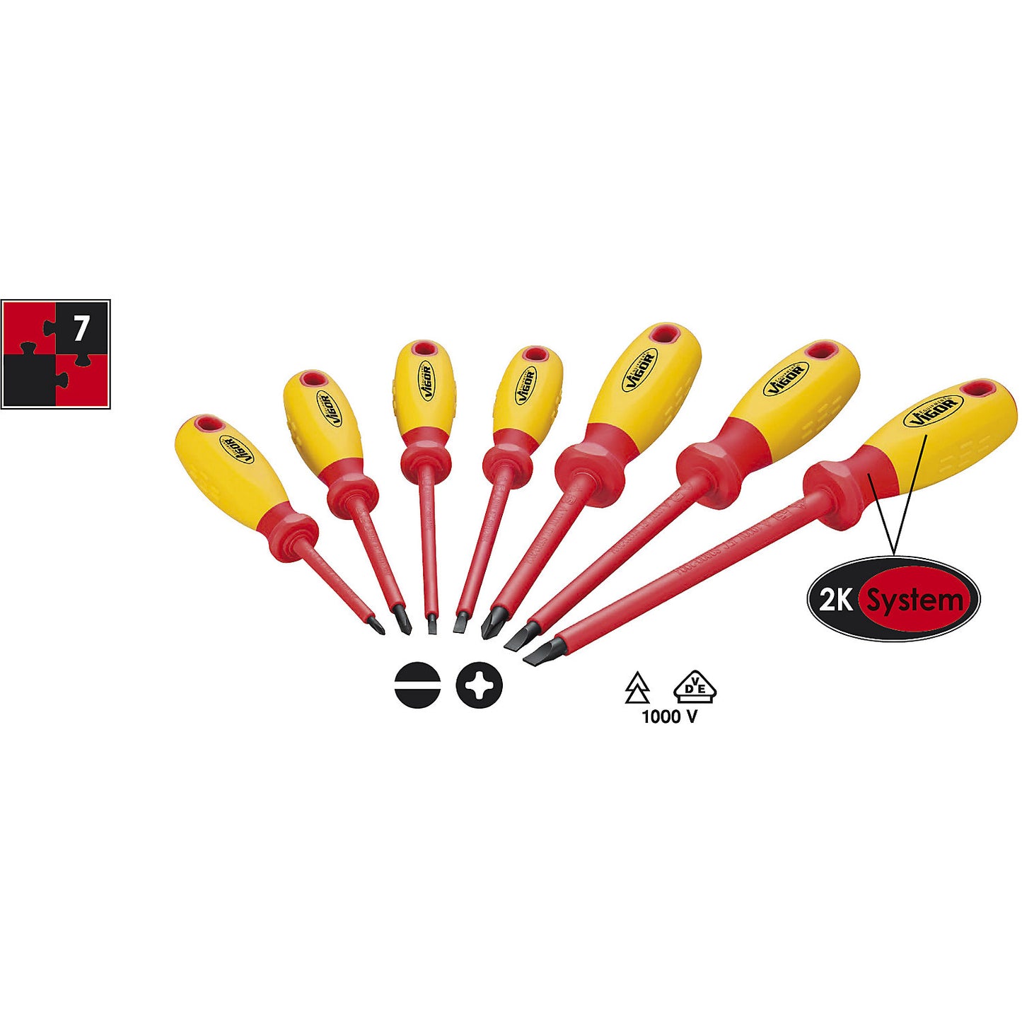 VDE screwdriver set, 7 pieces, suspension hole in the handle.