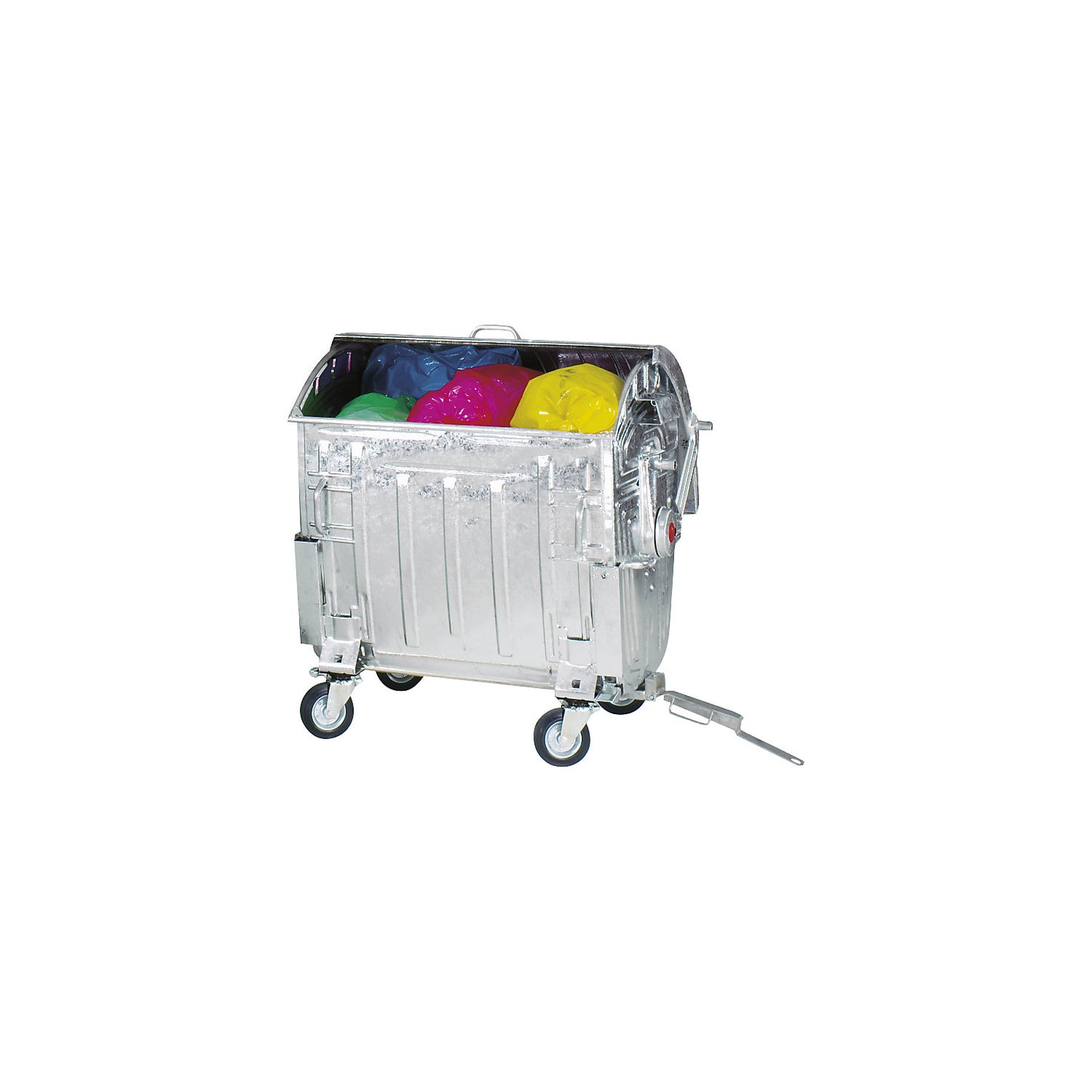 Steel waste container, DIN EN 840-5/-6, capacity 1100 l, with drawbar, trailer coupling, child lock, zinc plated.