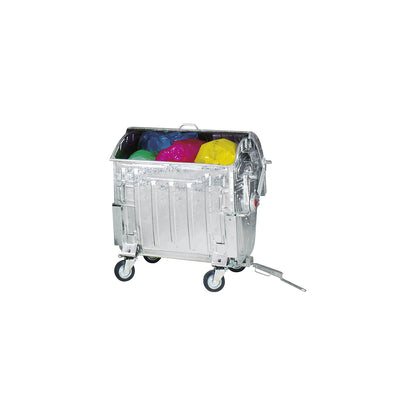 Steel waste container, DIN EN 840-5/-6, capacity 1100 l, with drawbar, trailer coupling, child lock, zinc plated.