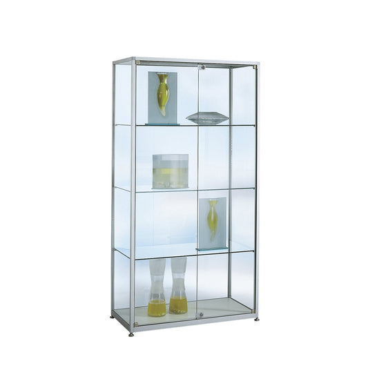 Free standing glass cabinet, height 2000 mm, 2 hinged doors, WxD 800 x 400 mm, silver anodised.