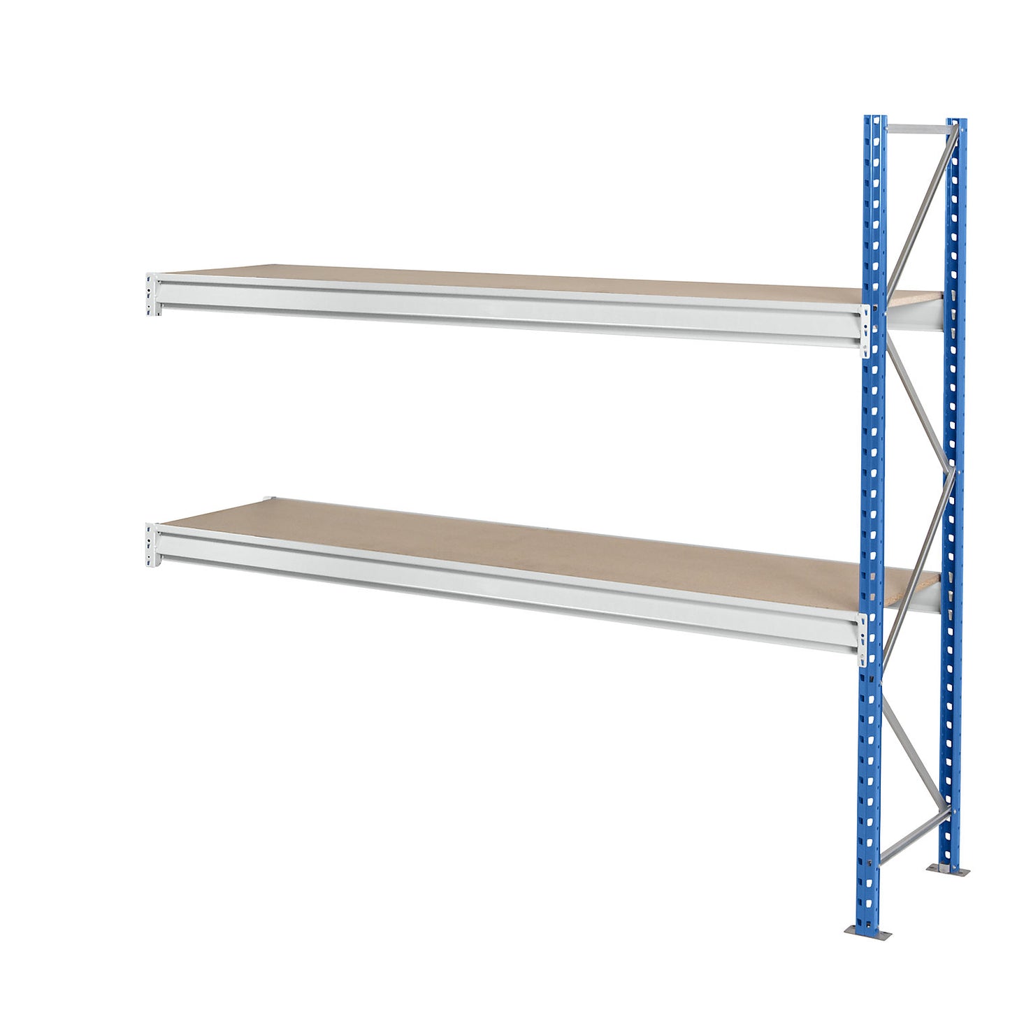 Heavy duty wide span shelving with moulded chipboard shelf panels, frame colour blue, HxWxD 1996 x 2780 x 1000 mm, extension shelf unit.