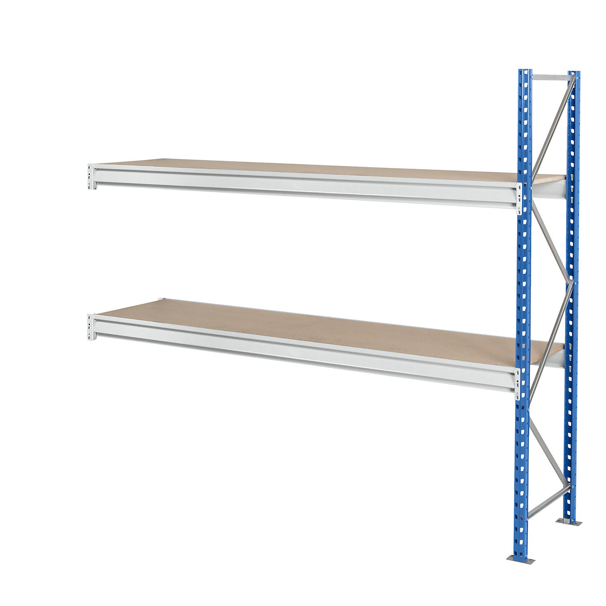 Heavy duty wide span shelving with moulded chipboard shelf panels, frame colour blue, HxWxD 1996 x 2330 x 800 mm, extension shelf unit.