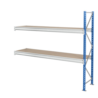 Heavy duty wide span shelving with moulded chipboard shelf panels, frame colour blue, HxWxD 1996 x 2330 x 1000 mm, extension shelf unit.
