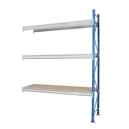 Heavy duty wide span shelving with moulded chipboard shelf panels, frame colour blue, HxWxD 2496 x 2330 x 600 mm, extension shelf unit.