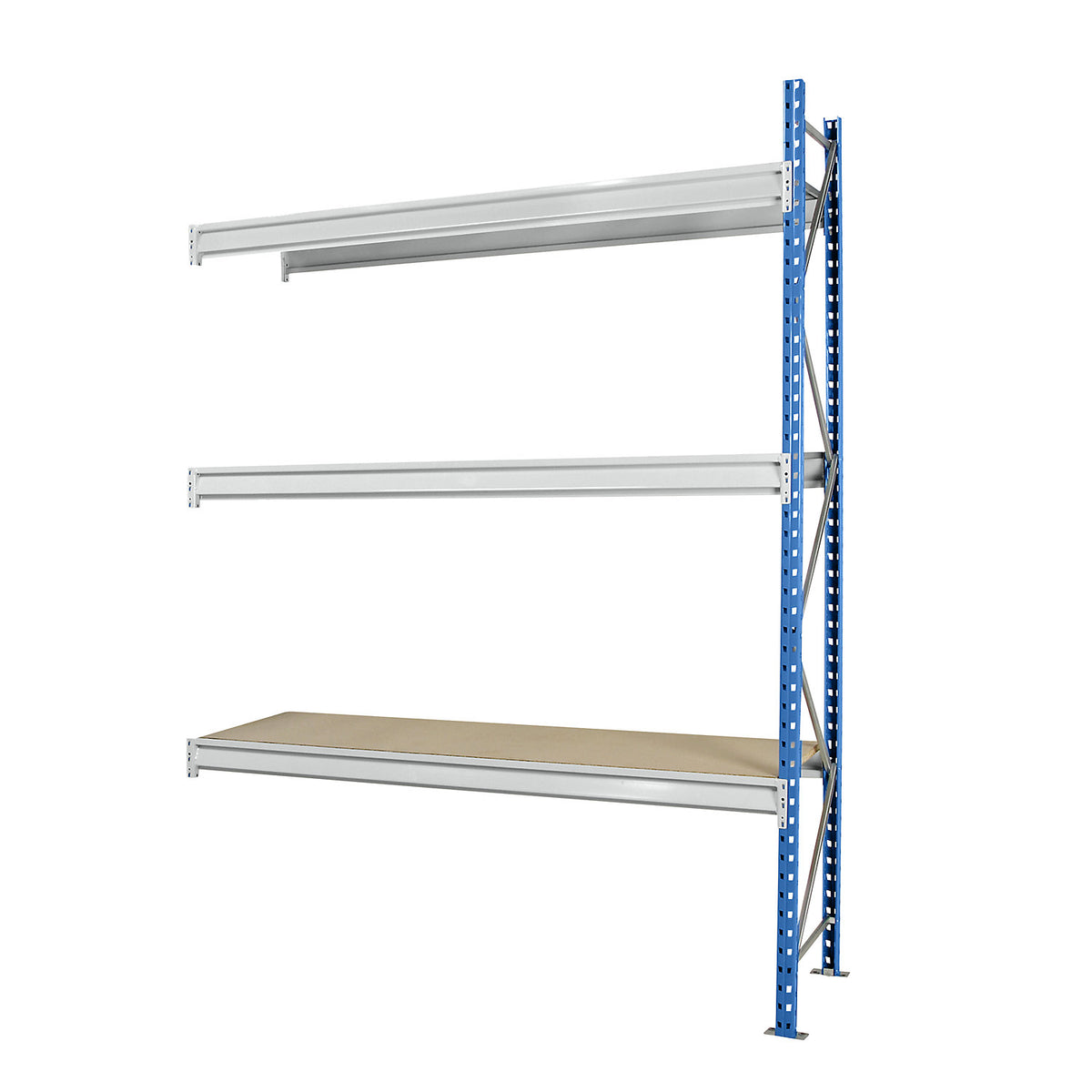 Heavy duty wide span shelving with moulded chipboard shelf panels, frame colour blue, HxWxD 2496 x 2330 x 800 mm, extension shelf unit.