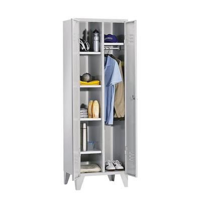 Berlin 2 locker for cleaning products, W 600 mm, 4 shelves, 1 clothes rail, light grey.
