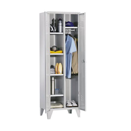 Berlin 2 locker for cleaning products, W 600 mm, 4 shelves, 1 clothes rail, light grey.
