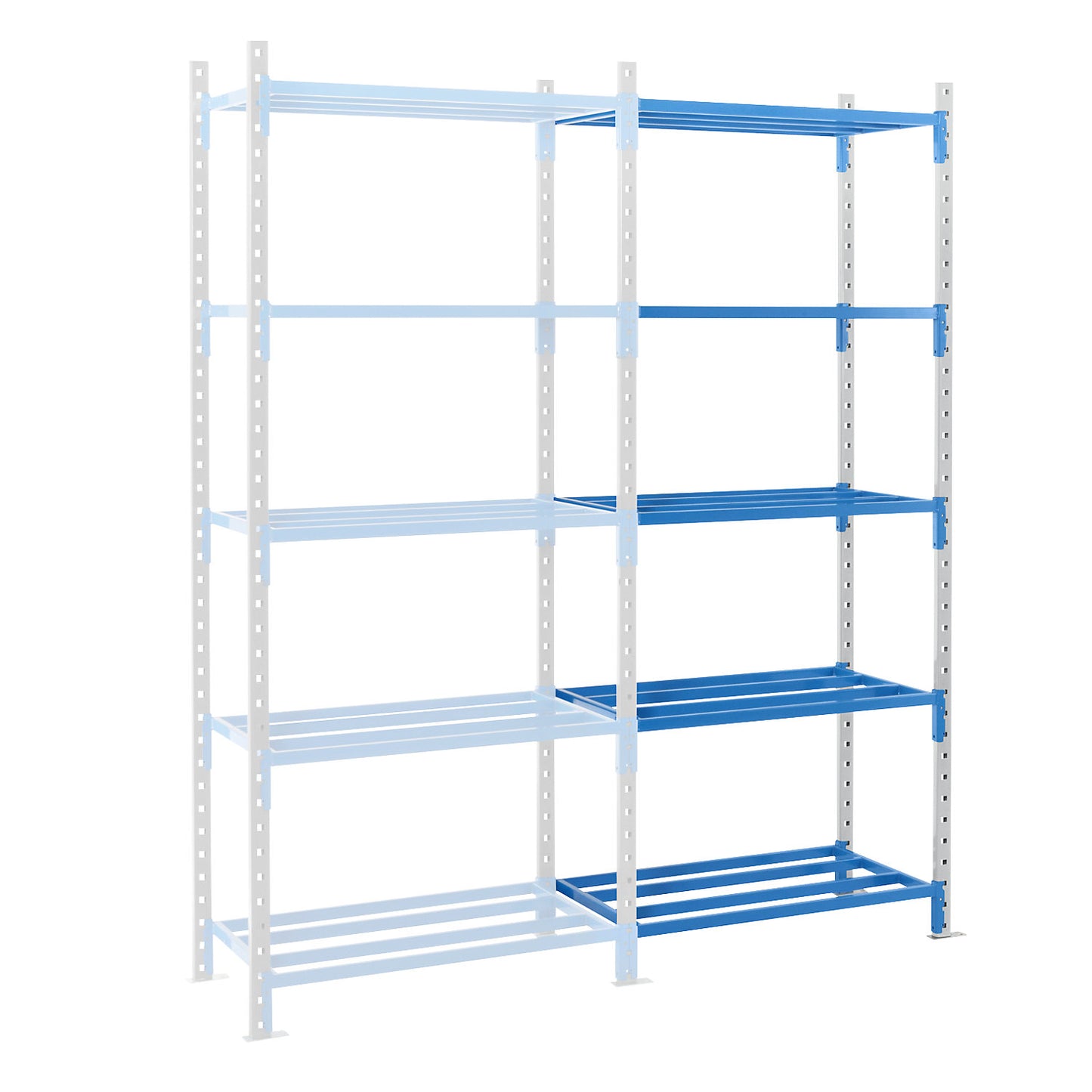 Tubular boltless shelving unit, shelf unit height 2496 mm, shelf width 1210 mm, extension shelf unit, shelf width 795 mm.