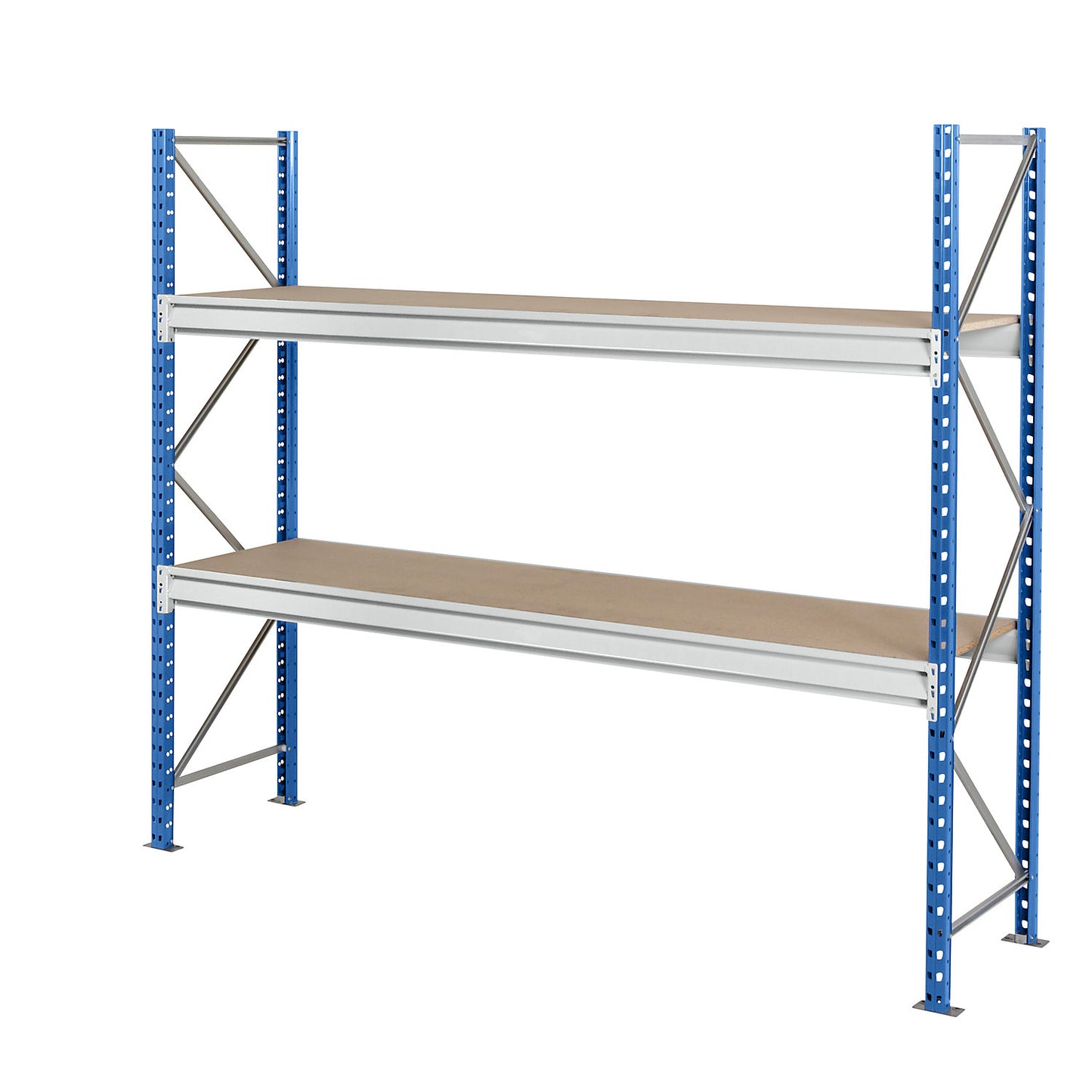 Heavy duty wide span shelving with moulded chipboard shelf panels, frame colour blue, HxWxD 1996 x 2410 x 600 mm, standard shelf unit.