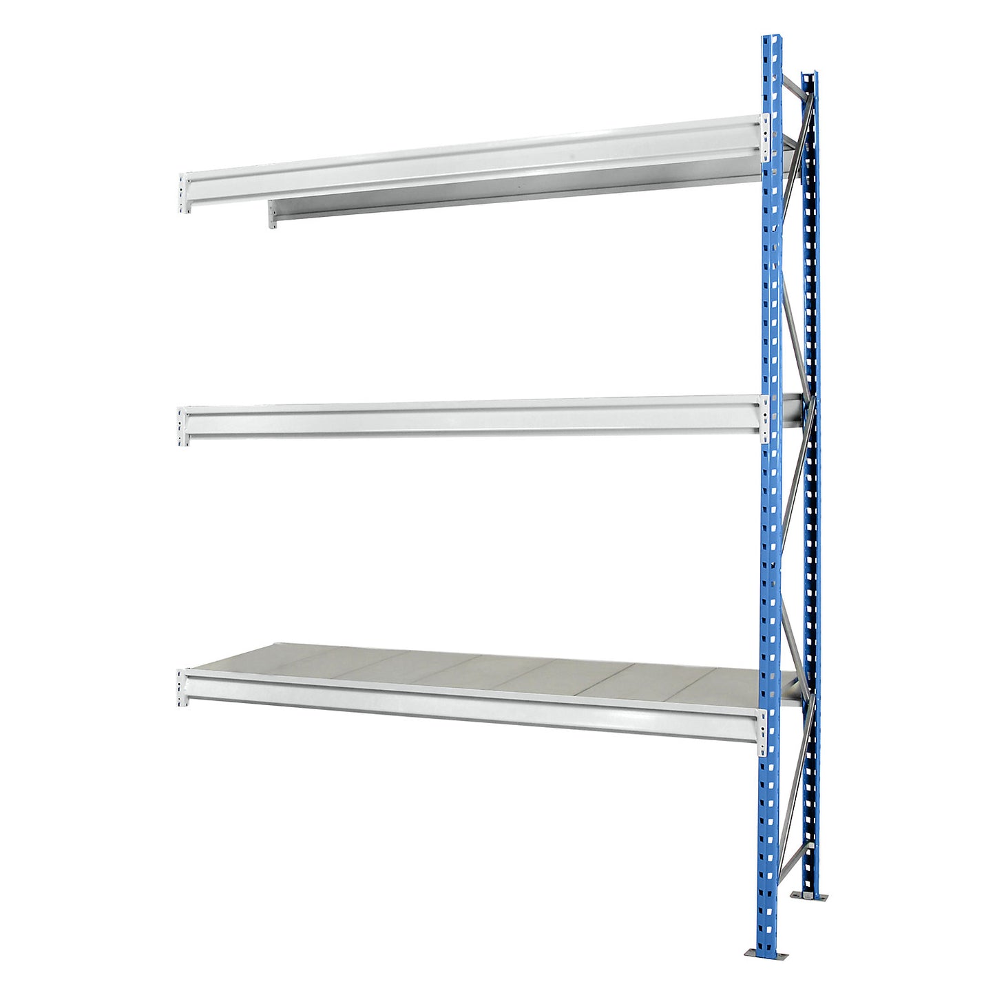 Heavy duty wide span shelving with steel shelf panels, frame colour blue, HxWxD 2496 x 2330 x 600 mm, extension shelf unit.