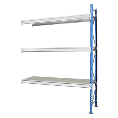 Heavy duty wide span shelving with steel shelf panels, frame colour blue, HxWxD 2496 x 2330 x 600 mm, extension shelf unit.