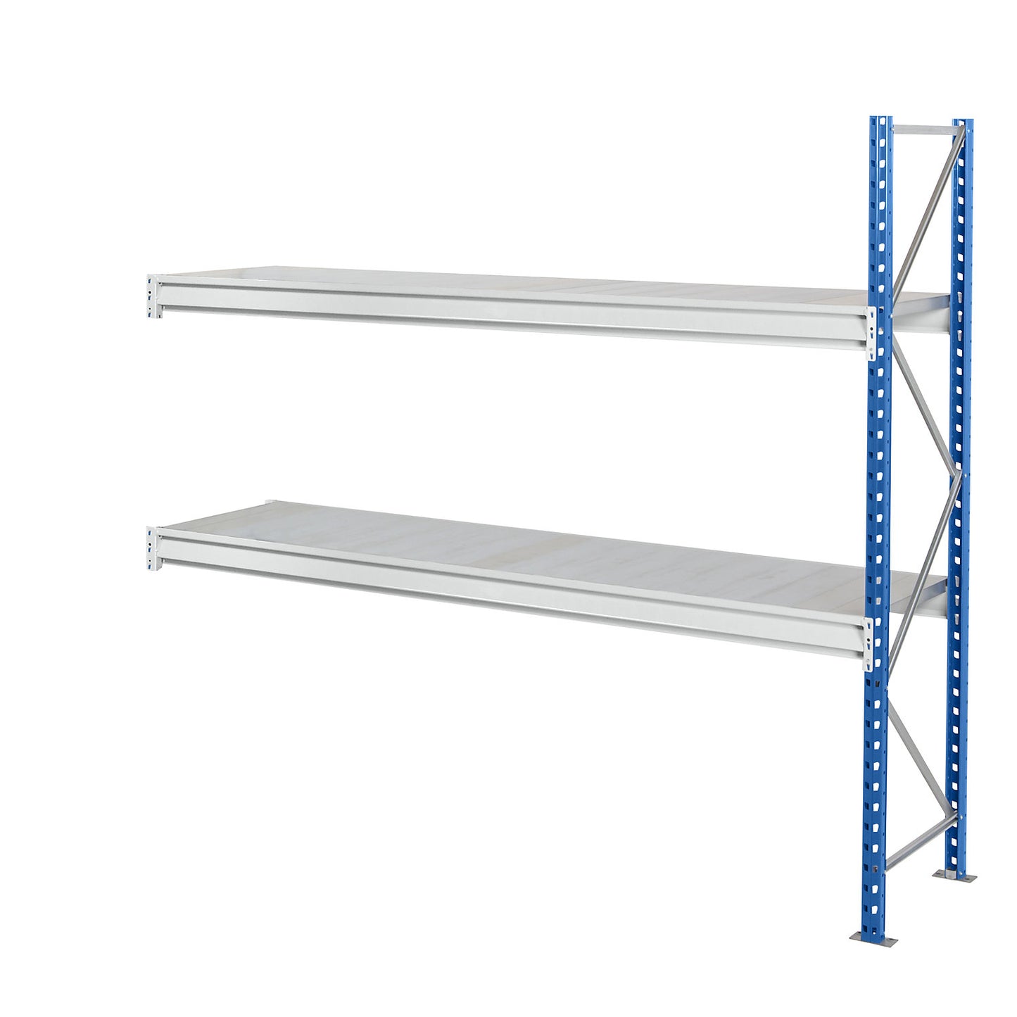 Heavy duty wide span shelving with steel shelf panels, frame colour blue, HxWxD 1996 x 2330 x 600 mm, extension shelf unit.