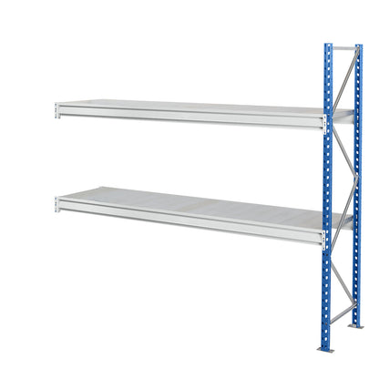 Heavy duty wide span shelving with steel shelf panels, frame colour blue, HxWxD 1996 x 2330 x 800 mm, extension shelf unit.