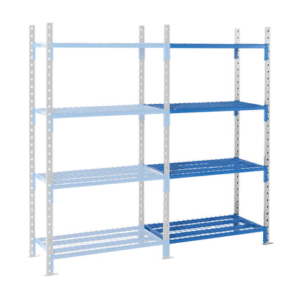 Boltless mesh shelf unit, shelf unit height 1996 mm, shelf width 1210 mm, extension shelf unit, shelf width 795 mm.